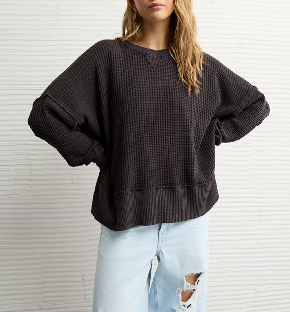 Aerie Womens Charcoal Gray Ribbed Knit Oversized Y2K Crewneck Sweater L A011171